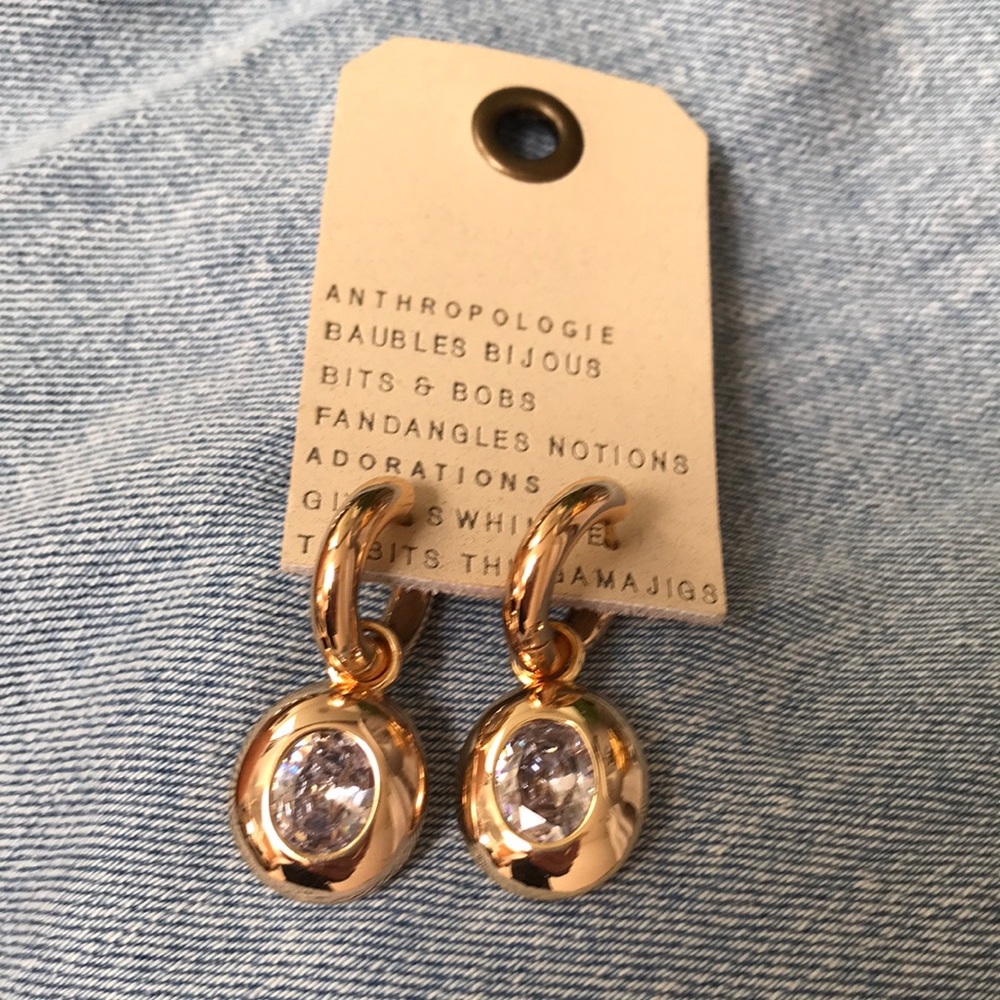 Anthropologie Gold Tone Hoop Drop Earrings with Crystal